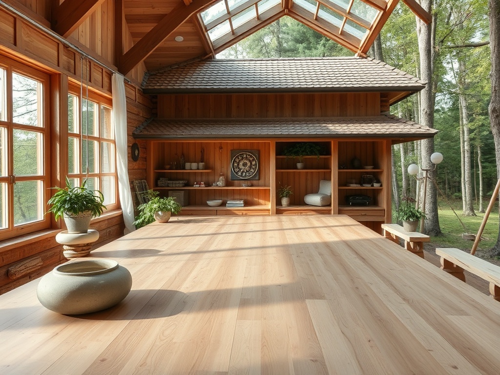 Светлое деревянное помещение с большими окнами, растениями и уютной обстановкой на фоне зелёного леса.
