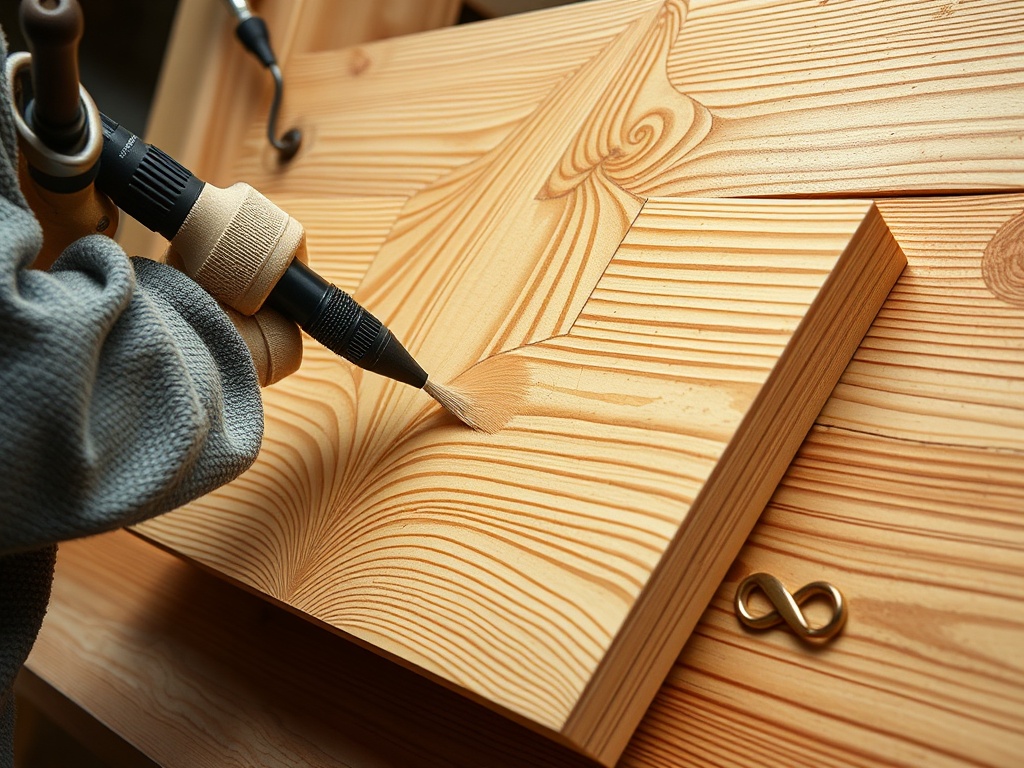 Рука мастера работает над деревянной панелью с узором, обрабатывая ее специальным инструментом.