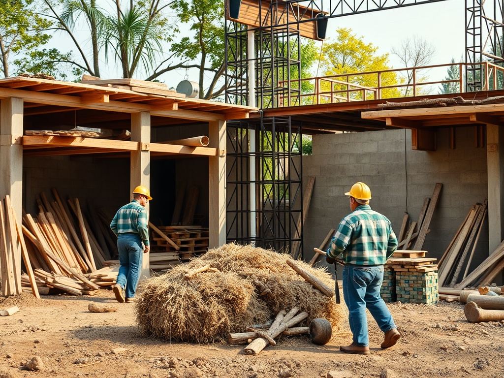 Рабочие строят в помещении, окружённом деревьями, с кучей соломы и деревянными материалами.