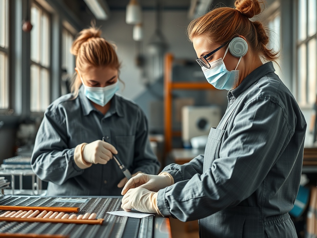 Две женщины в масках работают на заводе, одна делает заметки, другая использует инструменты.