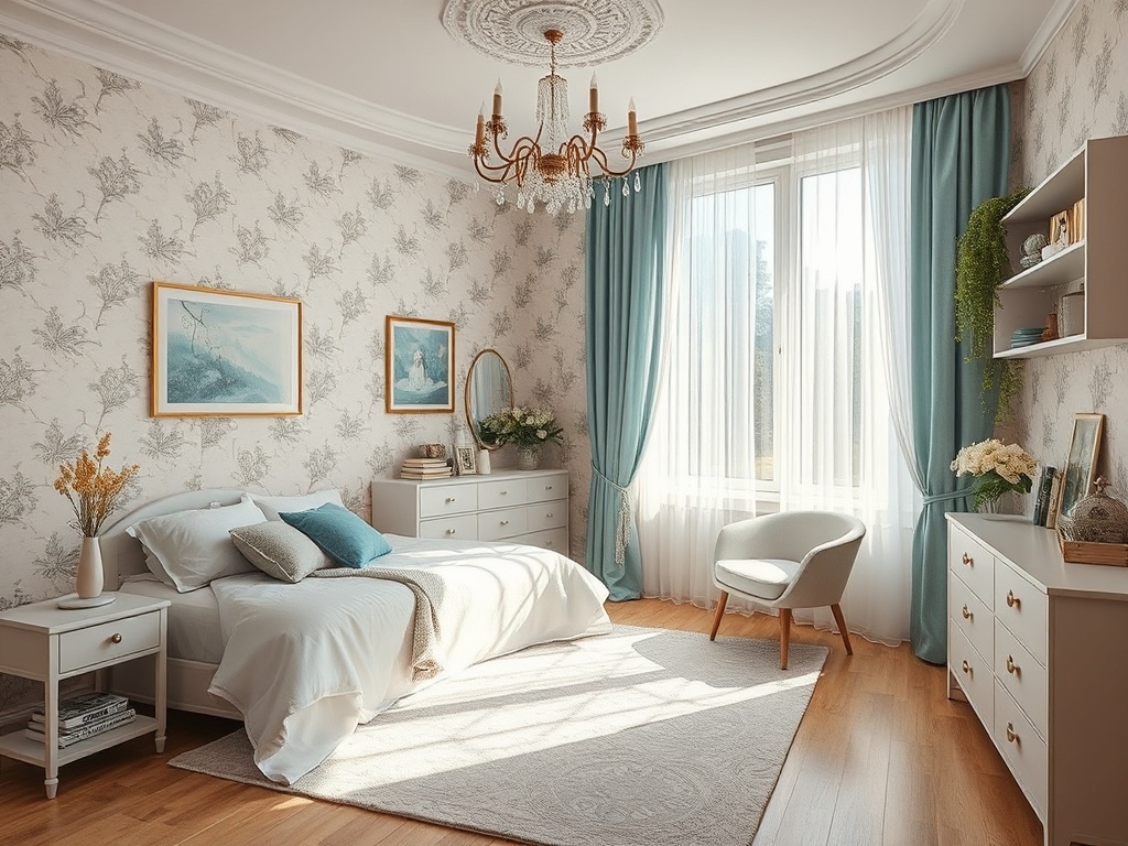 Современная спальня с уютной атмосферой, мягким светом и стильной мебелью в пастельных тонах.