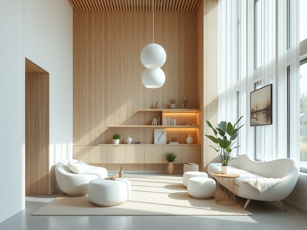 Современный светлый интерьер с белой мебелью и зелеными растениями, большим окном и деревянными элементами.