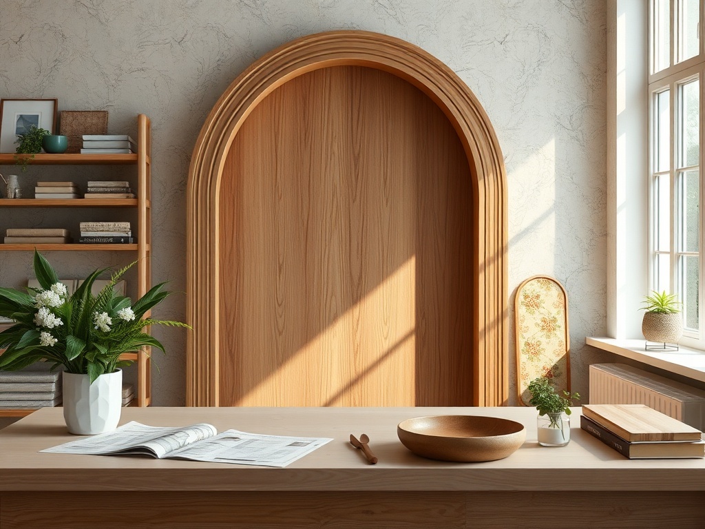 Светлое рабочее пространство с деревянной аркой, книгами и растениями на столе у окна.