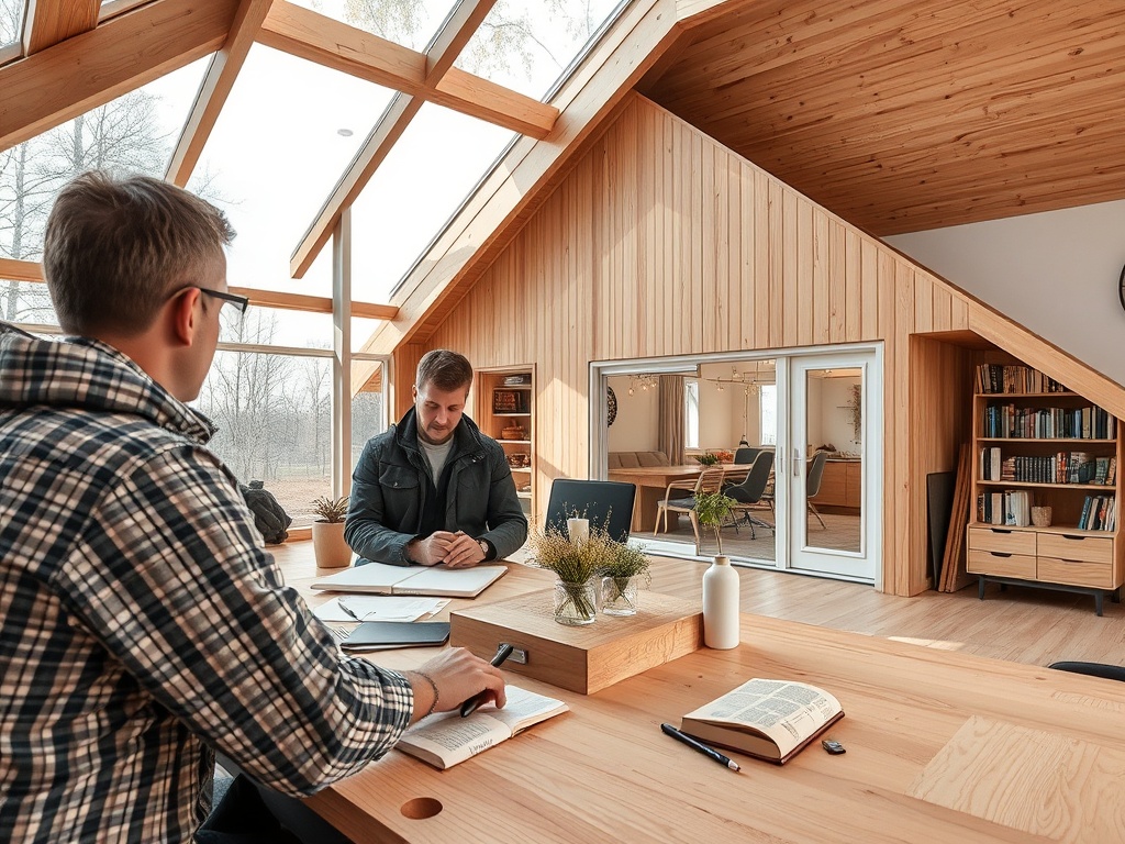Два человека сидят за деревянным столом в стильном офисе с большими окнами и уютным интерьером.