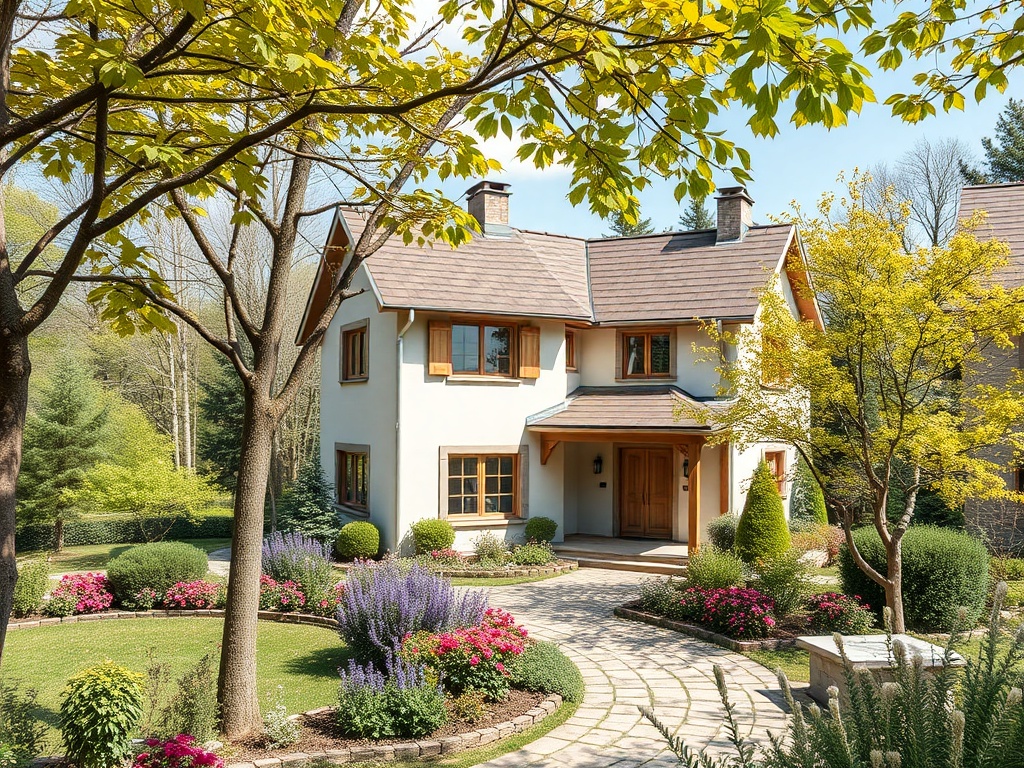 Уютный дом с садом, цветами и деревьями на фоне ясного неба. Санктуарий природы и спокойствия.