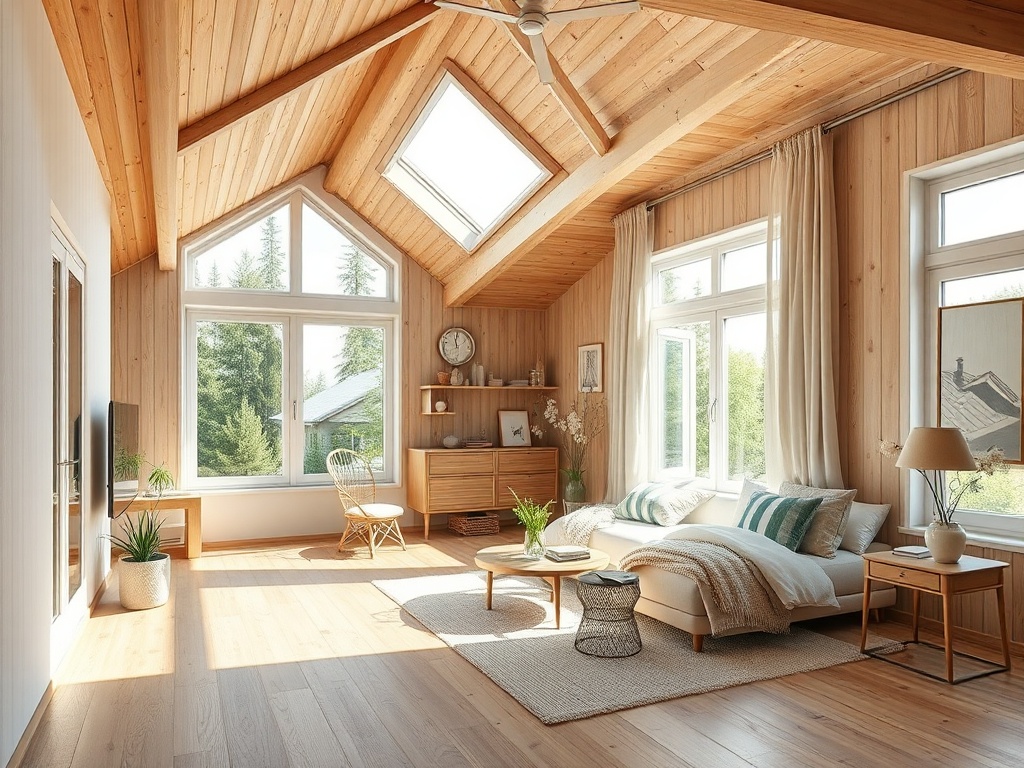 Светлая гостиная с деревянными стенами и большими окнами, уютная обстановка с мягкой мебелью и растениями.