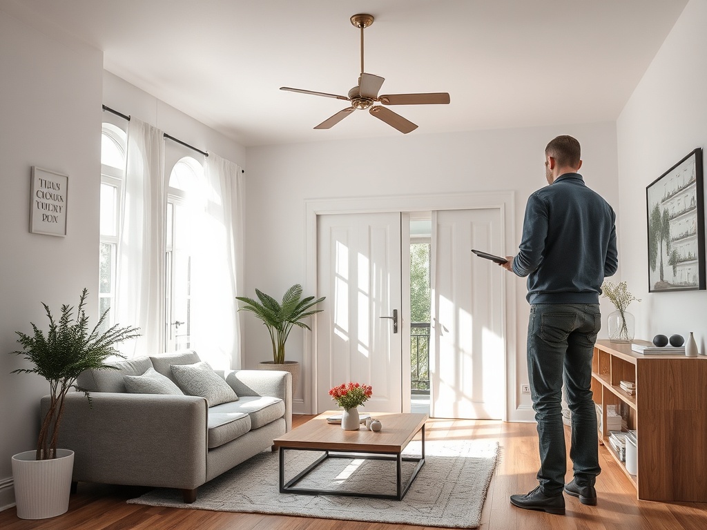 В sunny комнате человек стоит с планшетом, смотрит на межкомнатные двери и уютную мебель.