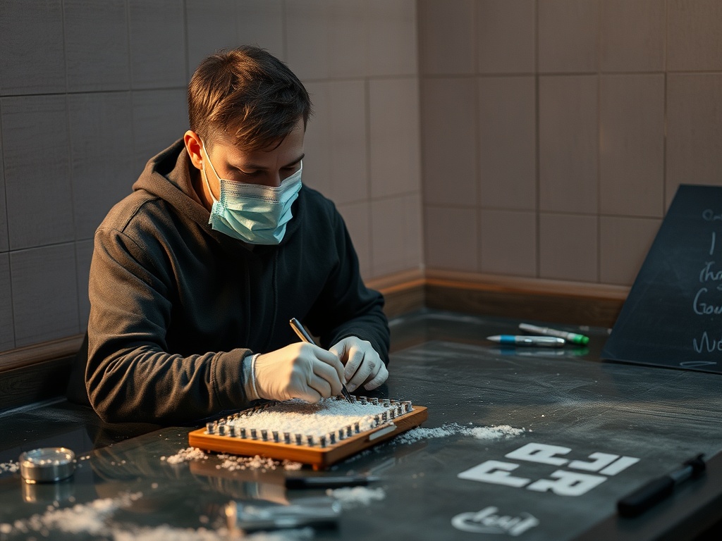 Мужчина в маске работает над проектом, используя инструменты и материалы на столе в мастерской.