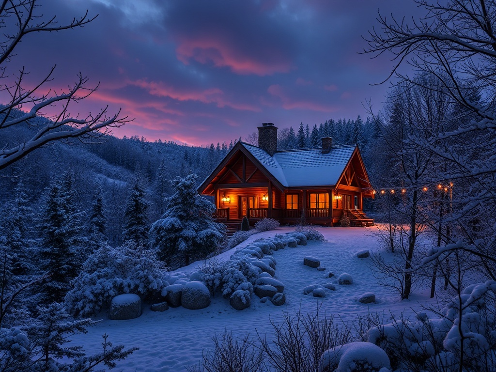 Уютный дом в снегу на фоне вечернего неба, окруженный лесом и огоньками, создающими теплую атмосферу.