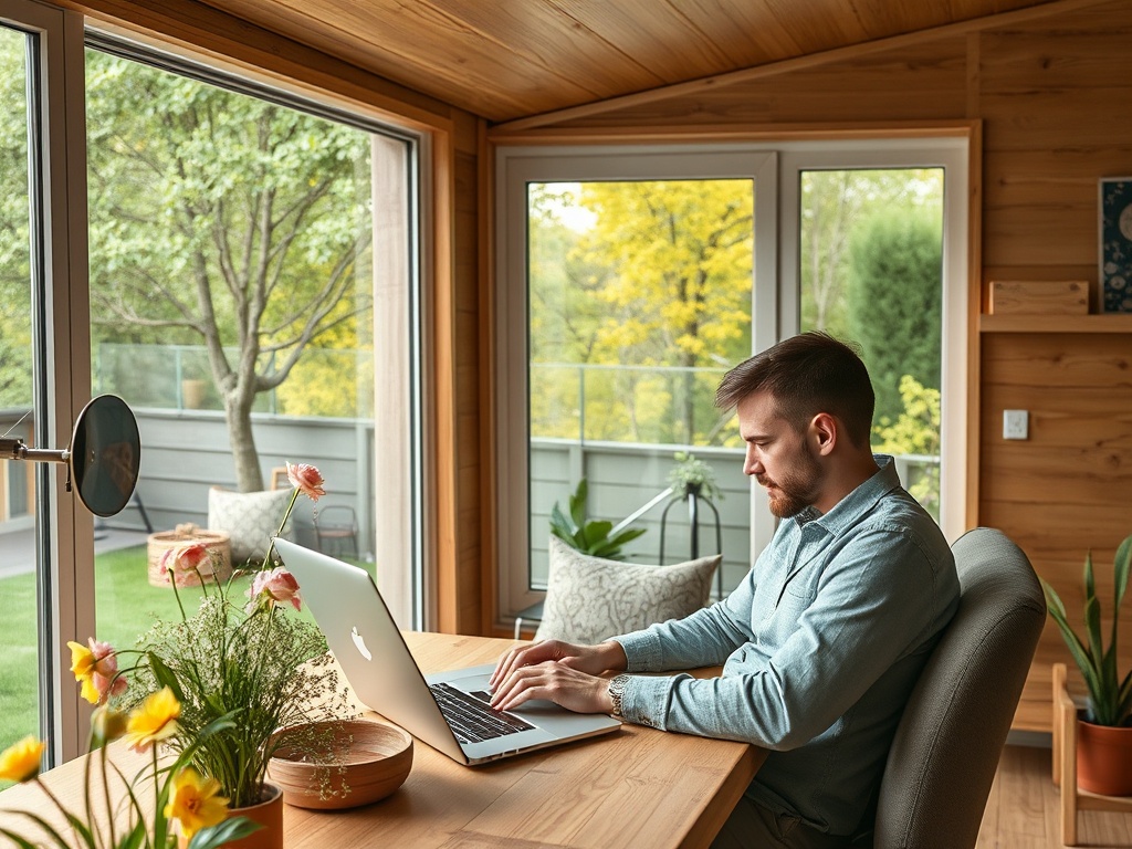 Человек работает за компьютером в светлом доме с большими окнами и зелёным садом снаружи.