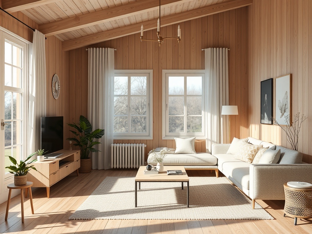 Современная гостиная с деревянными стенами, светлым диваном и большими окнами, наполняющими комнату светом.