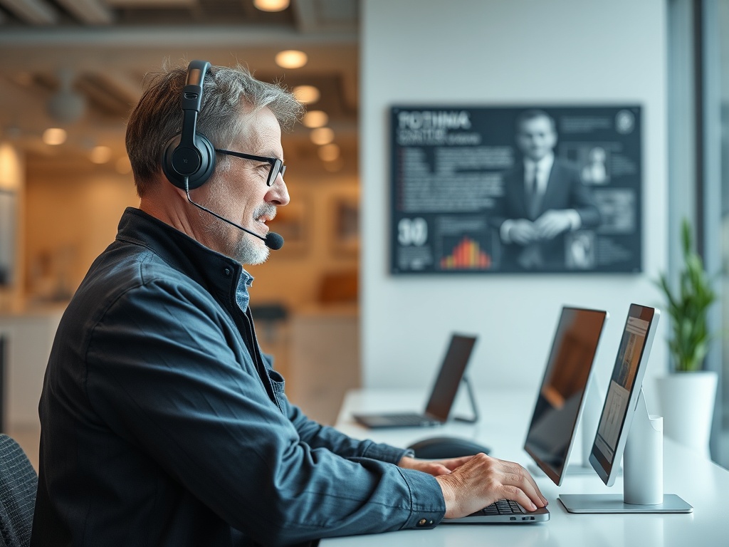 Мужчина в наушниках работает за компьютером в офисе. На заднем плане постер с графиками и фотографиями.