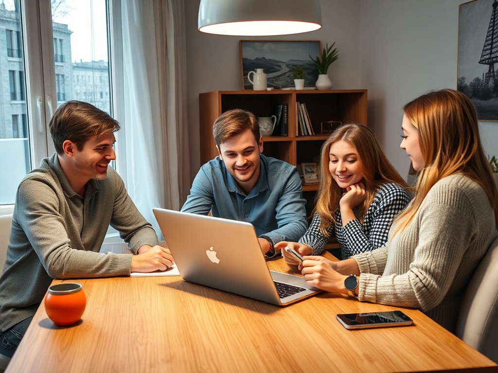 Группа из четырёх человек обсуждает что-то за столом с ноутбуком и чашкой кофе.