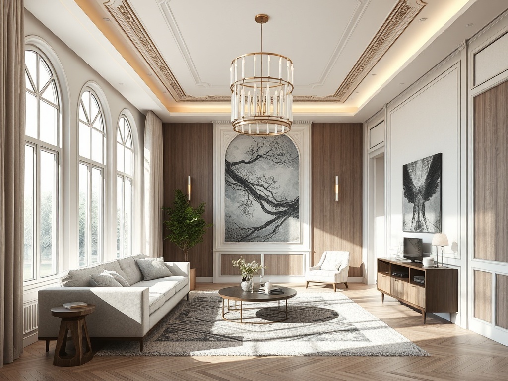 Современная гостиная с большими окнами, стильной мебелью и художественными картинами на стенах.