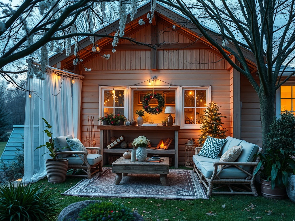 Уютный домик с вечерней подсветкой, мебелью на улице и украшенной елкой на фоне зимнего пейзажа.