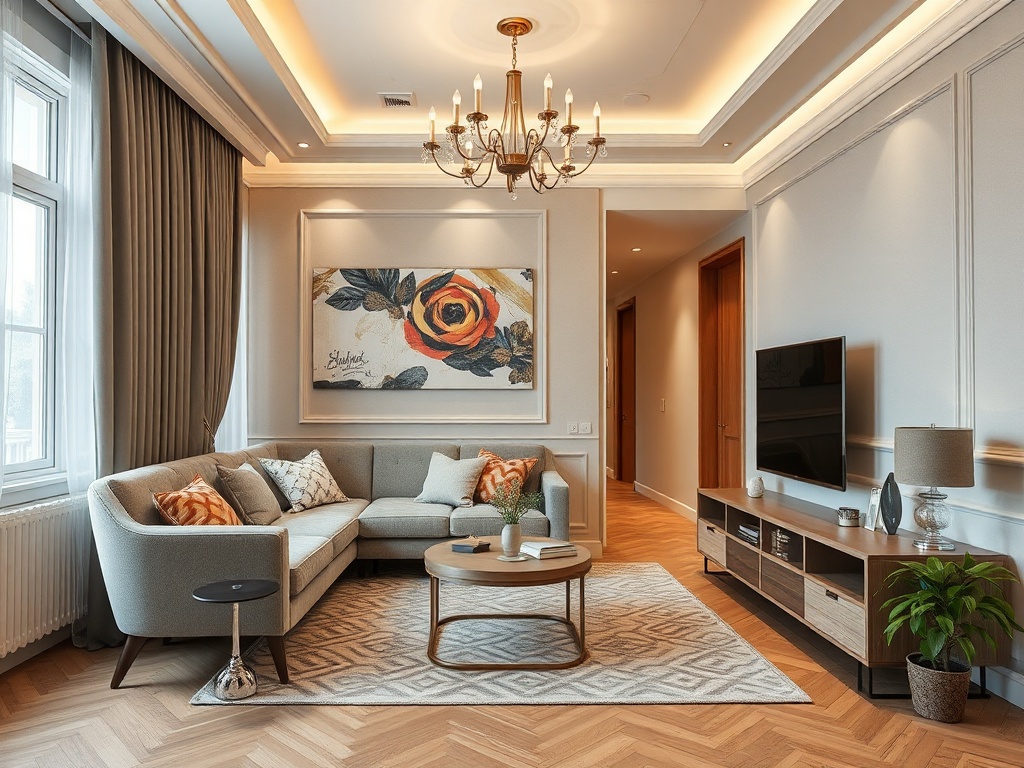 Современная гостиная с диваном, телевизором, столом и картинами на стенах. Теплые оттенки и уютная атмосфера.