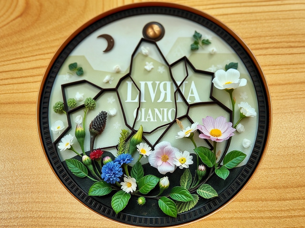 Контейнер с цветами и текстом "LIVKA DIANO", оформленный на фоне круглой рамки.